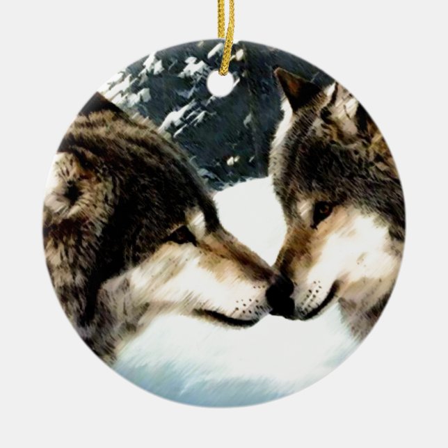Wolves Wolf Schnee Winterschnee Couple Liebe Keramik Ornament (Vorne)