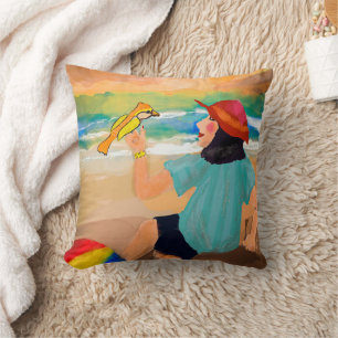 Woman and Bird Trending Nature Kissen