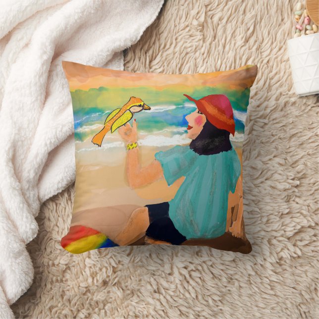 Woman and Bird Trending Nature Kissen (Decke)