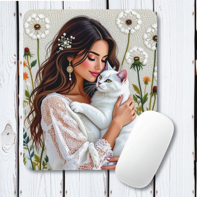 Woman and White Cat and Dandelions  Mousepad (Von Creator hochgeladen)