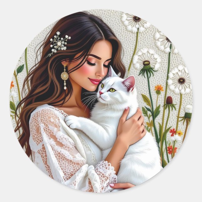 Woman and White Cat and Dandelions  Runder Aufkleber (Vorderseite)