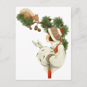 Woman Befriends Squirrel at Christmas Time Feiertagspostkarte