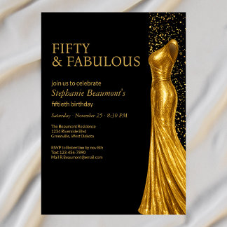 Woman Elegant Fabulous Golden Dress 50th Birthday Einladung
