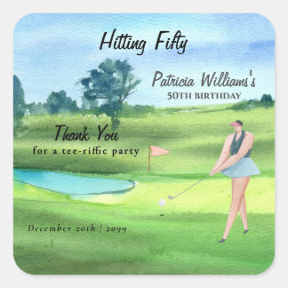 Woman Golf Player Hitting Fifty 50th Birthday Quadratischer Aufkleber