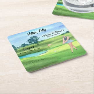 Woman Golf Player Hitting Fifty 50th Birthday Rechteckiger Pappuntersetzer