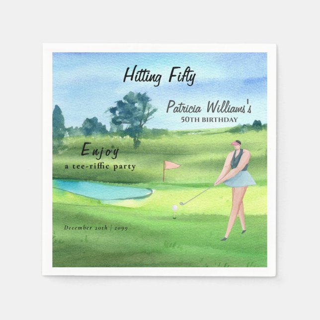 Woman Golf Player Hitting Fifty 50th Birthday Serviette (Vorderseite)