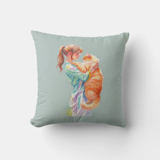 Woman Holding Fluffy Orange Maine Coon Cat Kissen