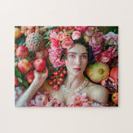 Woman in floral dress with fruit display
