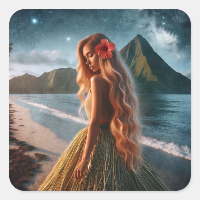 Woman in Grass Skirt Quadratischer Aufkleber (Vorderseite)