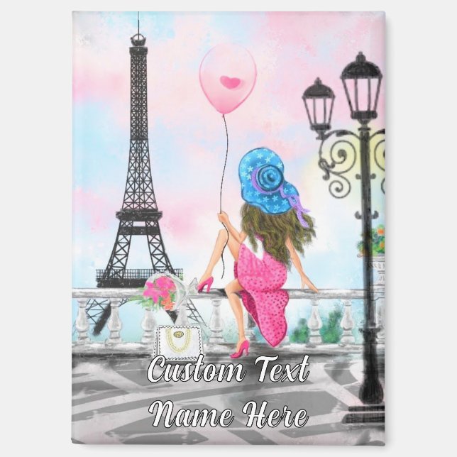 Woman In Partis Eiffel Tower Magnet Custom Text (Recto)