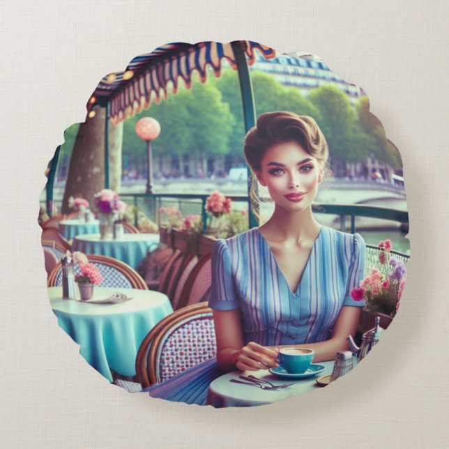 Woman in restaurant rundes kissen (Vorderseite)