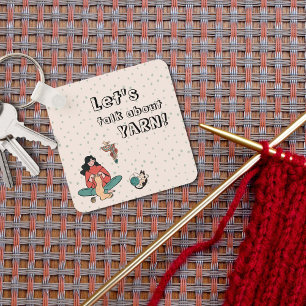 Woman knitting cat let's talk about yarn quote schlüsselanhänger