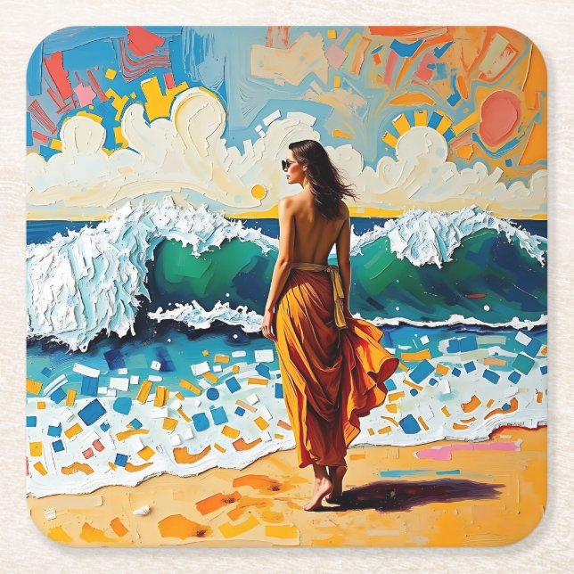 Woman on Beach Abstract Seaside Art Rechteckiger Pappuntersetzer (Vorderseite)