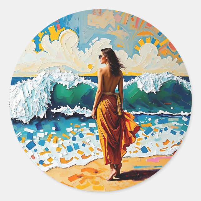 Woman on Beach Abstract Seaside Art Runder Aufkleber (Vorderseite)