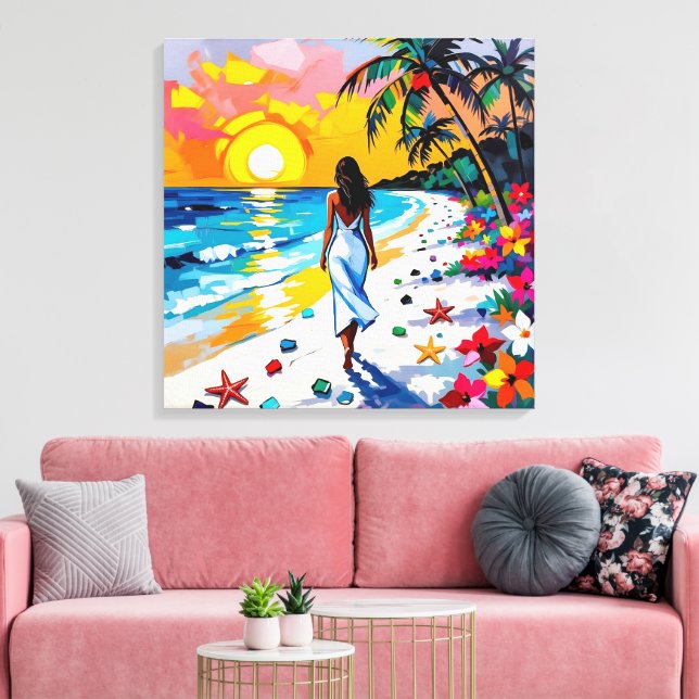 Woman on Beach Tropical Scene Leinwanddruck (Insitu (Wohnzimmer))