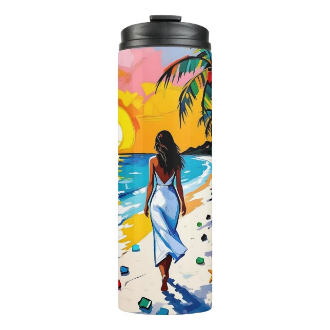 Woman on Beach Tropical Scene Thermosbecher (Vorderseite)