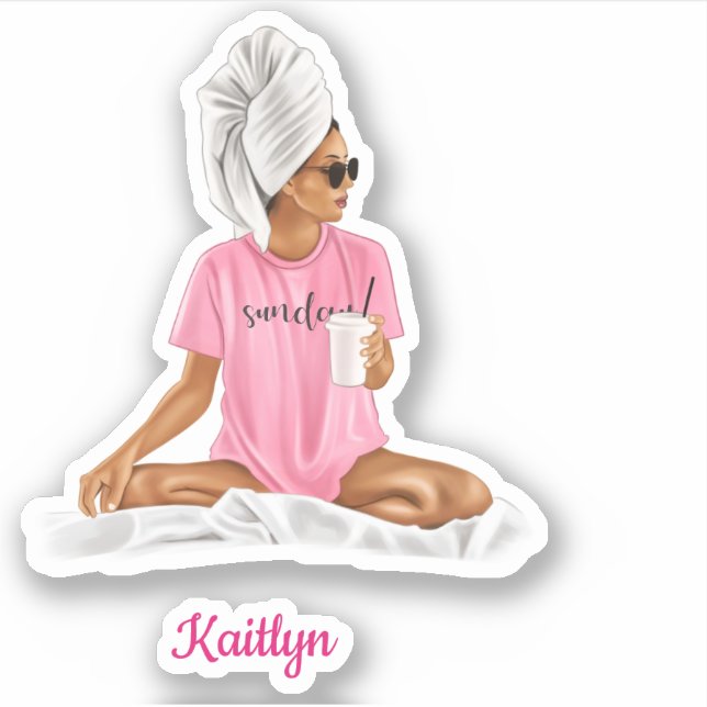 Woman Pink Nightshirt Coffee Individuelle Name Tre Aufkleber (Vorderseite)