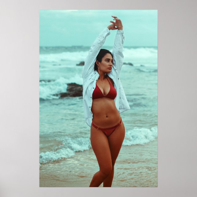 Woman Posing On A Beach In Red Bikini Poster (Vorne)