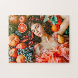 Woman reclining among fruits and petals
