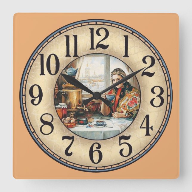 Woman Sipping Tee Quadratische Wanduhr (Vorderseite)