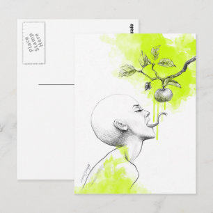 Woman Snake tongue Apple Green splash Surreal art Postkarte