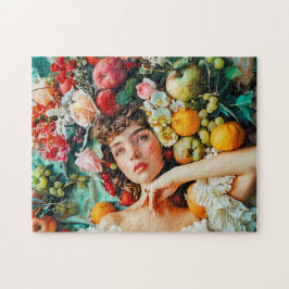 Woman surrounded by fruits and blossoms