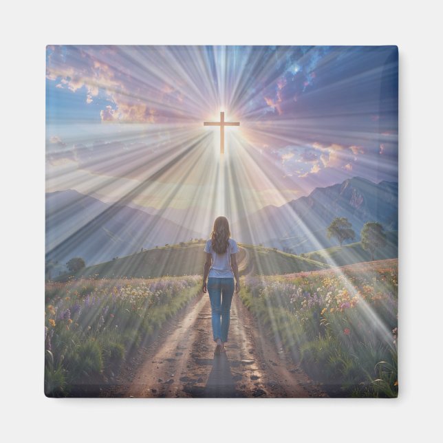 Woman Walking Toward Glowing Cross – Faith Journey Magnet (Vorne)