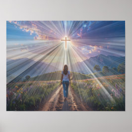 Woman Walking Toward Glowing Cross – Faith Journey Poster