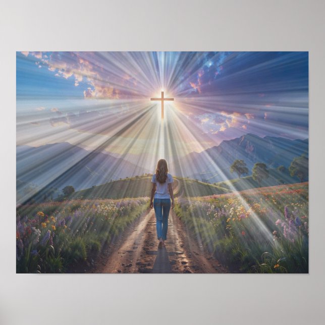 Woman Walking Toward Glowing Cross – Faith Journey Poster (Vorne)