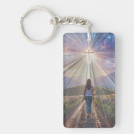 Woman Walking Toward Glowing Cross – Faith Journey Schlüsselanhänger