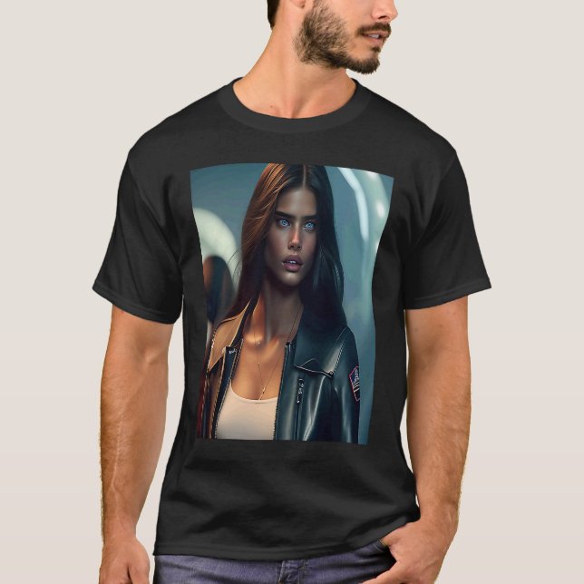 Woman Wearing Black Leather Biker Jacket Look Outf T-Shirt (Vorderseite)