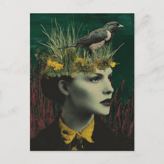 Woman With Bird on Her Head Mixed Media Collage Postkarte (Vorderseite)