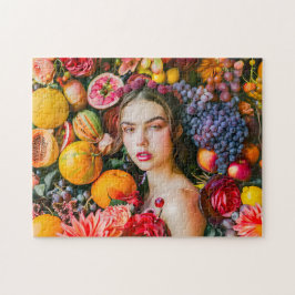 Woman with citrus fruits and flower garland