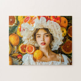 Woman with citrus fruits and flower garland