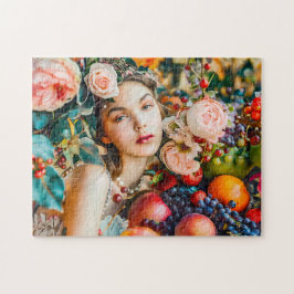 Woman with fruit and floral rose decor