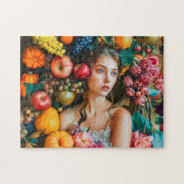 Woman with grapes and floral arrangement