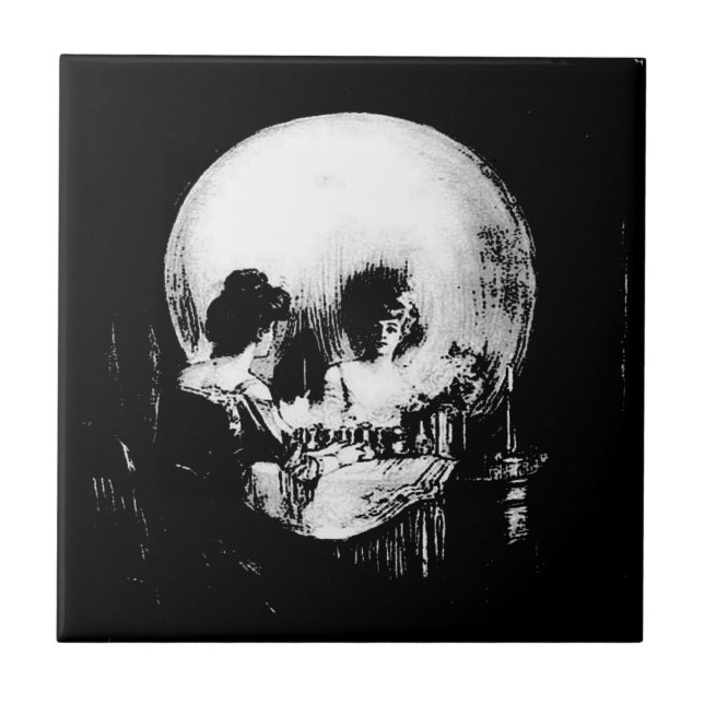 Woman with Halloween Skull Reflection In Mirror Fliese (Vorderseite)