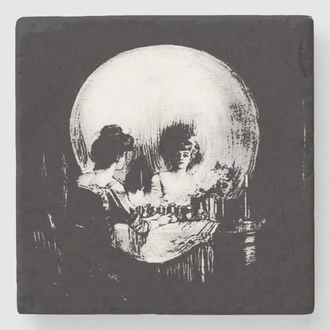Woman with Halloween Skull Reflection In Mirror Steinuntersetzer (Vorderseite)