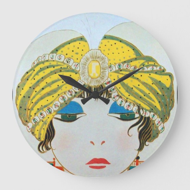 WOMAN WITH ORIENTAL YELLOW TURBAN / Beauty Fashion Große Wanduhr (Vorderseite)