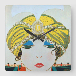 WOMAN WITH ORIENTAL YELLOW TURBAN / Beauty Fashion Quadratische Wanduhr