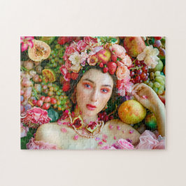 Woman with tropical fruits and floral accents