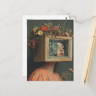 Woman with TV head and flowers surreal Postkarte