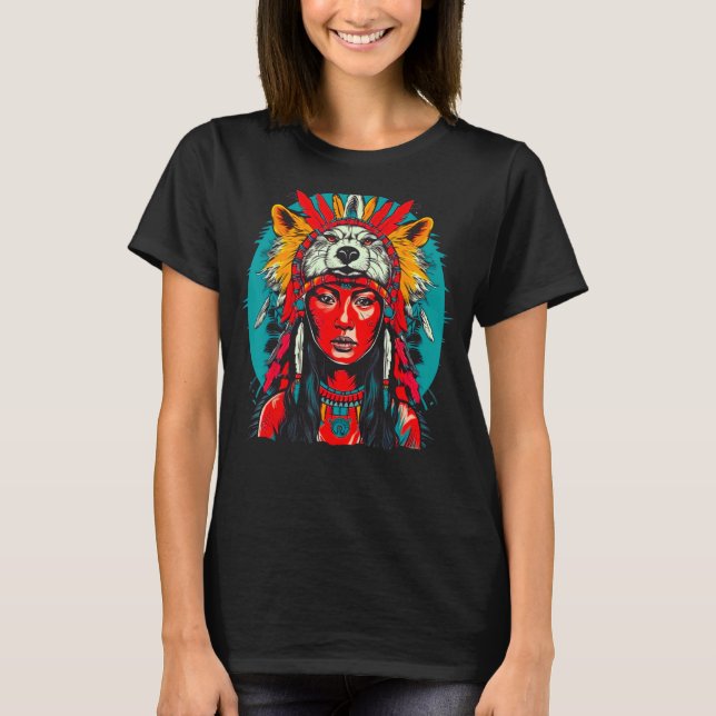 Woman Wolf Head Native American Indigenous T-Shirt (Vorderseite)