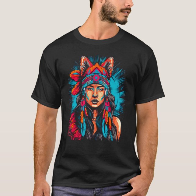 Woman Wolf Head Native American Intuitive T-Shirt (Vorderseite)