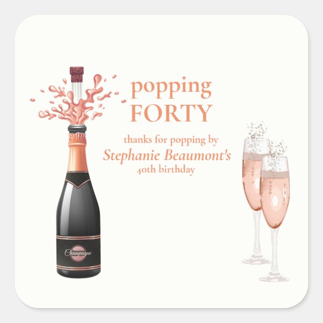 Woman's Funny Popping Champagne 40th Birthday Quadratischer Aufkleber (Vorderseite)