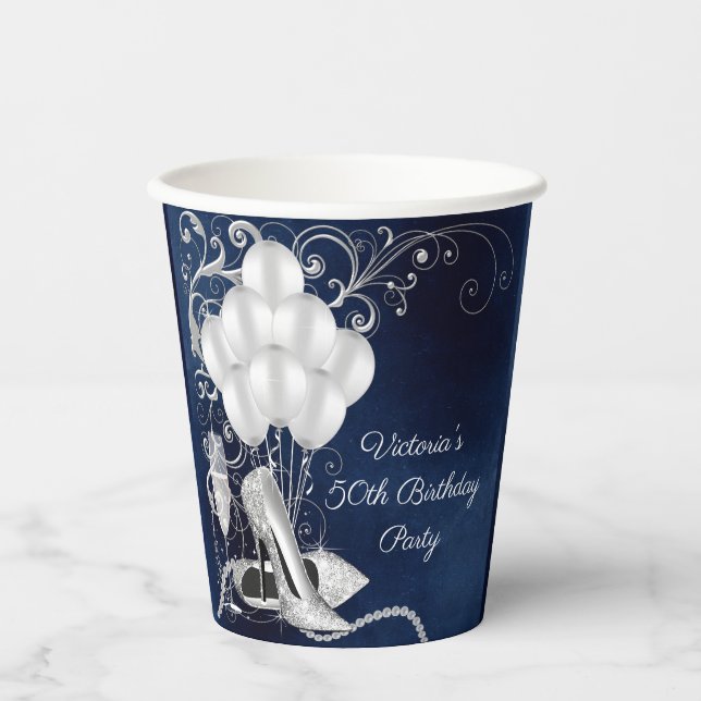 Womans Royal Blue Silver Birthday Party Paper Cups Pappbecher (Vorderseite)