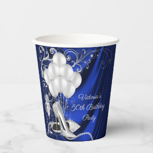 Womans Royal Blue Silver Birthday Party Paper Cups Pappbecher