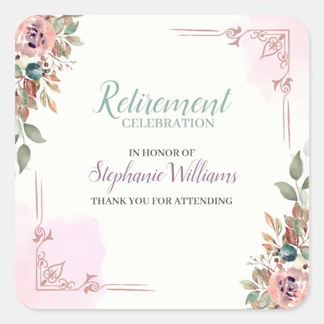 Women Floral Classic Elegant Retirement Party Quadratischer Aufkleber (Vorderseite)