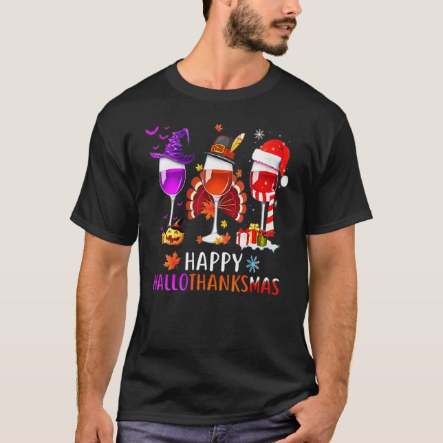 Women Wine Glass Thankgiving  Wine Happy Hallothan T-Shirt (Vorderseite)