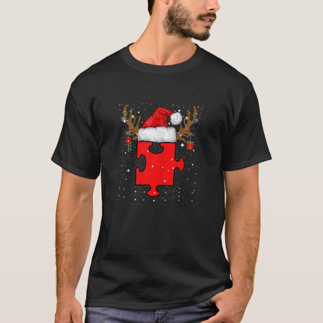 Womens Autism Puzzle Reindeer Santa Hat Christmas  T-Shirt (Vorderseite)